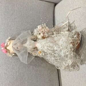 Vintage Bride Collectible Doll • One-of-a-Kind Lace Wedding Gown • Wooden Stand
